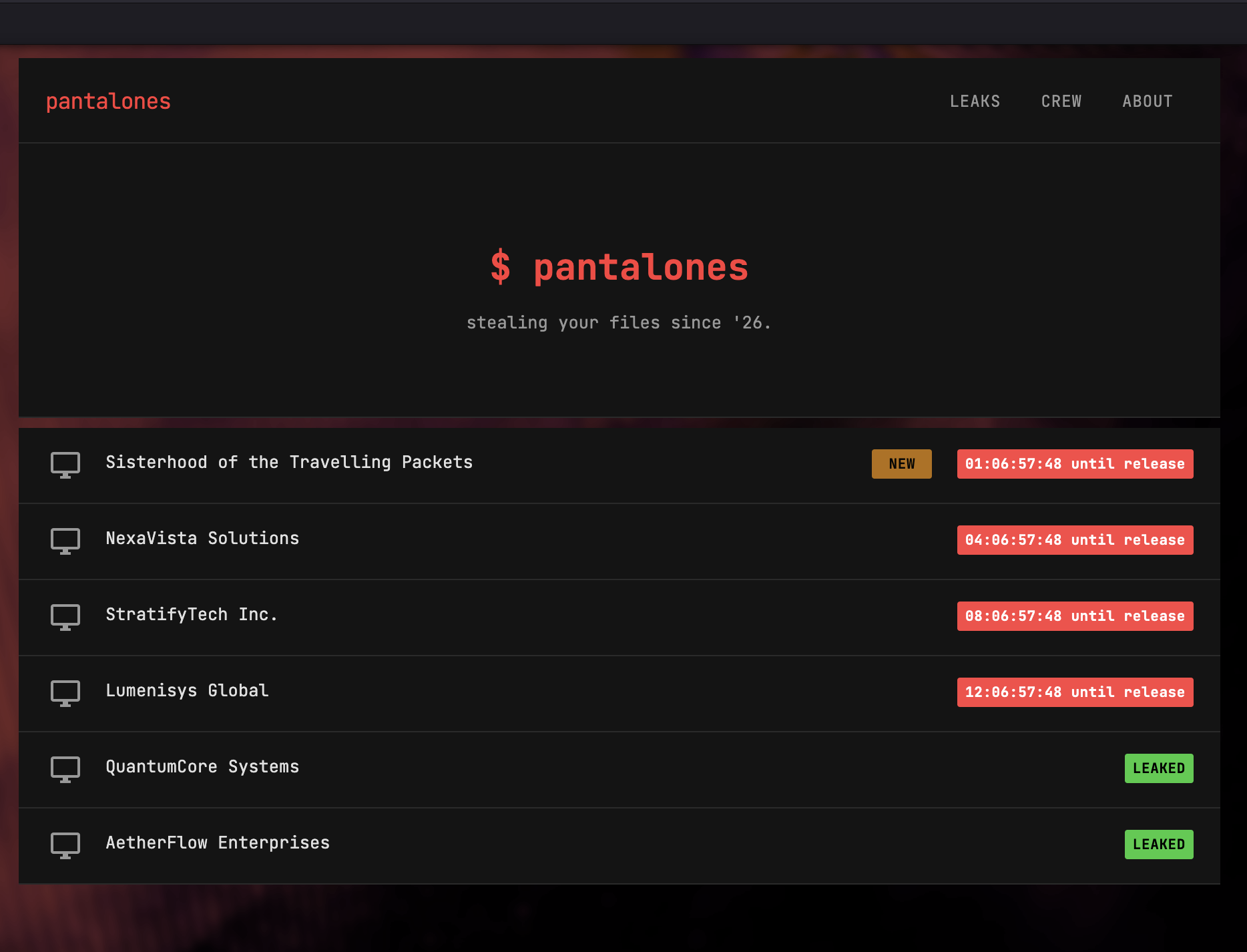 Pantalones ransomware crew leak site with a countdown to the release